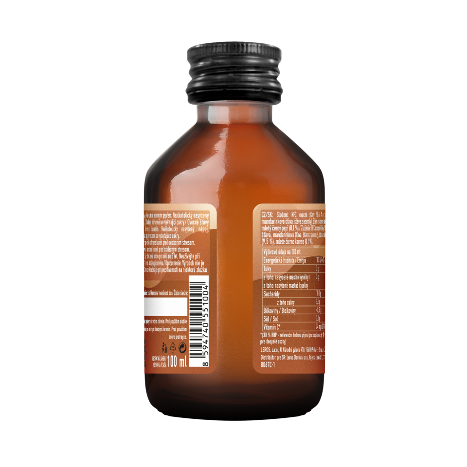 Shot neperlivého nápoje bez přidaného cukru, konzervantů a umělých přísad. Kombinace kurkumy a černého pepře pomáhá snižovat oxidační stres. Shot je zdrojem vitaminu C.