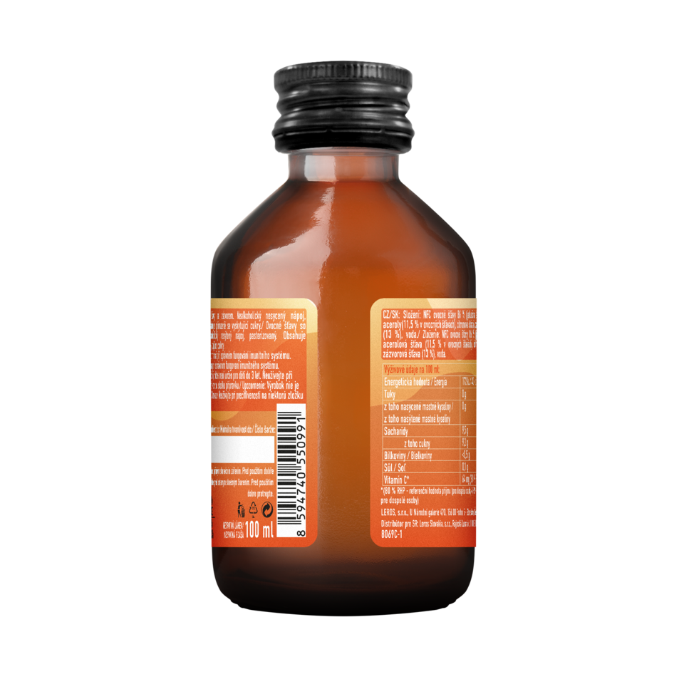 Shot neperlivého nápoje bez přidaného cukru, konzervantů a umělých přísad. Hlavní suroviny: acerola a zázvor mají pozitivní vliv na imunitní systém, zejména během období zvýšeného výskytu nemocí. Shot je zdrojem vitaminu C.