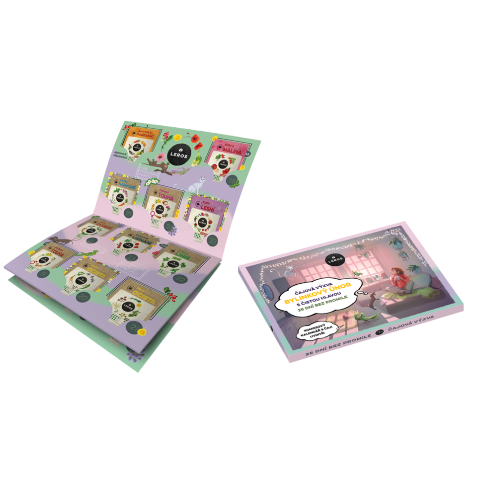 Čajová výzva na 28 dní bez promile. Zkus s námi CELÝ ÚNOR odolat nástrahám a pokušení alkoholu. Kalendář obsahuje 29 bylinných čajů, každodenní motivaci pod QR kódem a zábavnou hru.