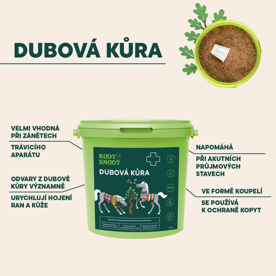 Veterinární sušená kůra v přirozené podobě vhodná k úpravě zažívání koní.  Podporuje přirozenou činnost trávicího traktu Odvary významně napomáhají hojení ran a kůže Napomáhá při akutních průjmových stavech 