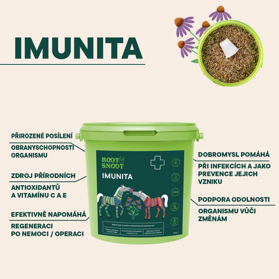 Veterinární bylinná směs na podporu obranyschopnosti organismu koní.  Podpora organismu v období zátěže Zdroj přírodních antioxidantů a vitaminů C a E Napomáhá ochraně organismu proti infekcím 