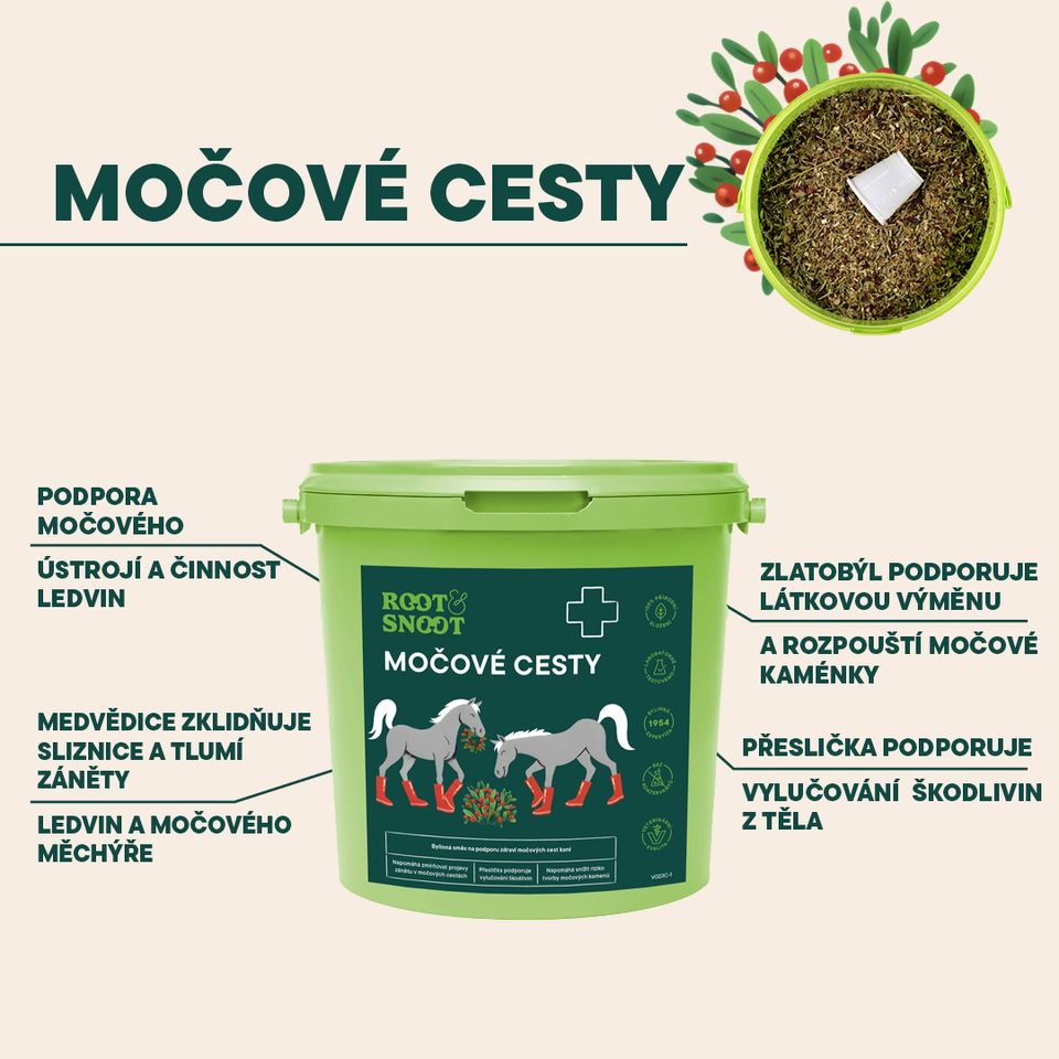 Veterinární bylinná směs na podporu zdraví močových cest koní.  Napomáhá zmírňovat projevy zánětu v močových cestách Přeslička podporuje vylučování škodlivin Napomáhá snížit riziko tvorby močových kamenů 