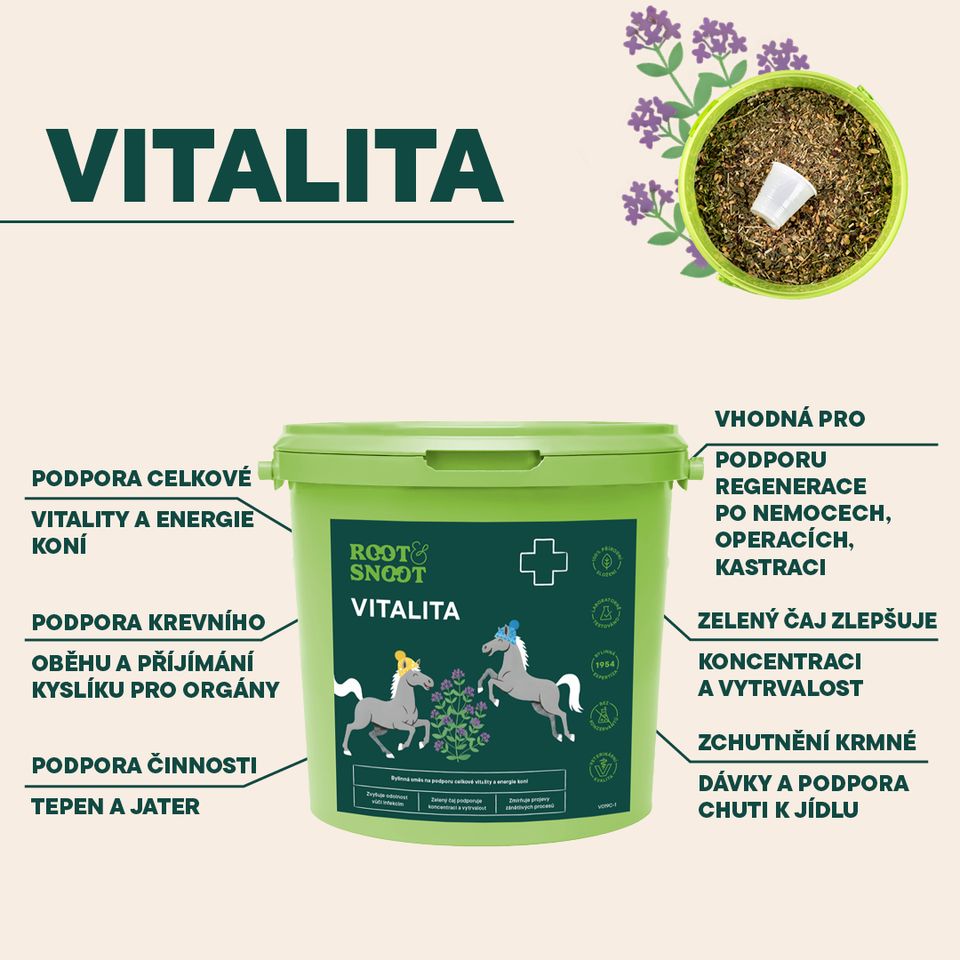 Veterinární bylinná směs na podporu celkové vitality a energie koní.  Zvyšuje odolnost vůči infekcím Zelený čaj podporuje koncentraci a vytrvalost Zmírňuje projevy zánětlivých procesů 