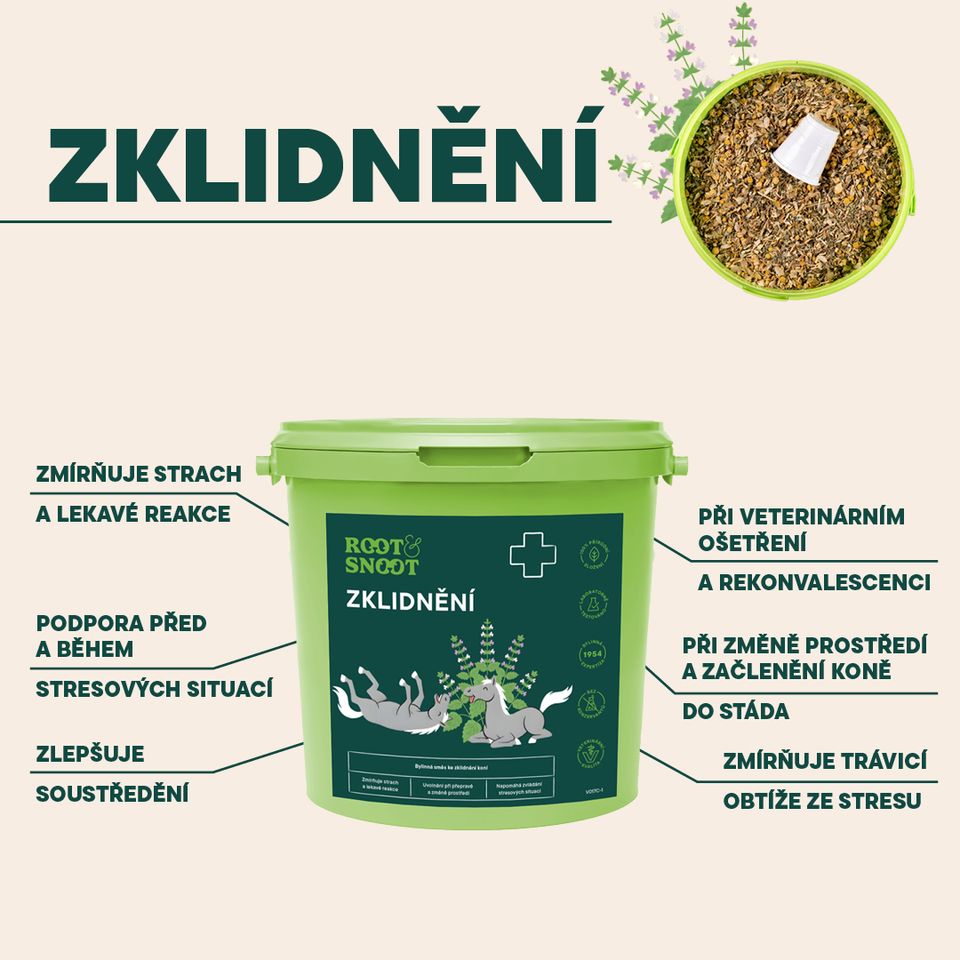 Veterinární bylinná směs ke zklidnění koní.  Zmírňuje strach a lekavé reakce Uvolnění při přepravě a změně prostředí Napomáhá zvládání stresových situací 
