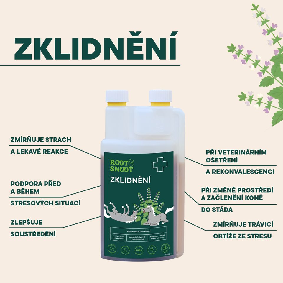 Veterinární bylinný sirup ke zklidnění koní  Zmírňuje strach a lekavé reakce Uvolnění při přepravě a změně prostředí Napomáhá zvládání stresových situací 