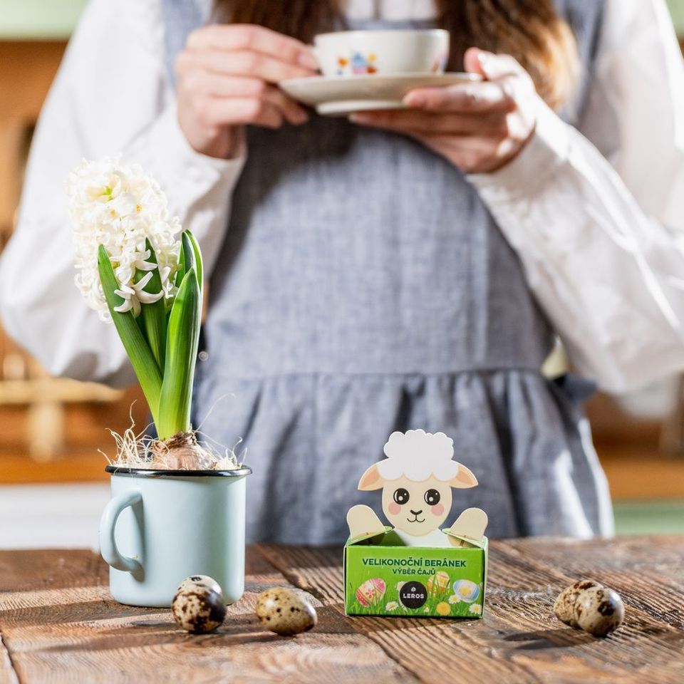 Limitované veľkonočné balenie čajov s motívom baránka obsahuje 3 druhy voňavých čajov (3 × 2 porcie) s jarnou a sviežou chuťou. Nájdete tu Veľkonočný čaj s farebnými kvetmi, žihľavou a prvosienkou, Čajový dýchánok Višňa &amp; cascara a čaj Bylinná veselosť pre dobrú náladu. Pre radosť alebo ako malý veľkonočný darček.