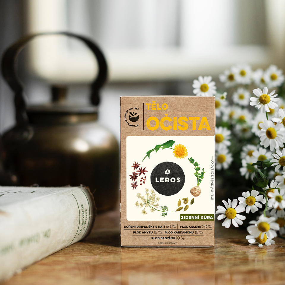 Prečisťujúci bylinný čaj s obsahom púpavy a zelerových semienok podporí telesné zdravie aj odolnosť organizmu.