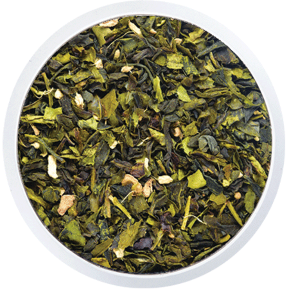 Cejlonský zelený čaj pravý ochucený aromatizovaný s kořenem zázvoru 8% a přírodní příchutí liči 1,5%.