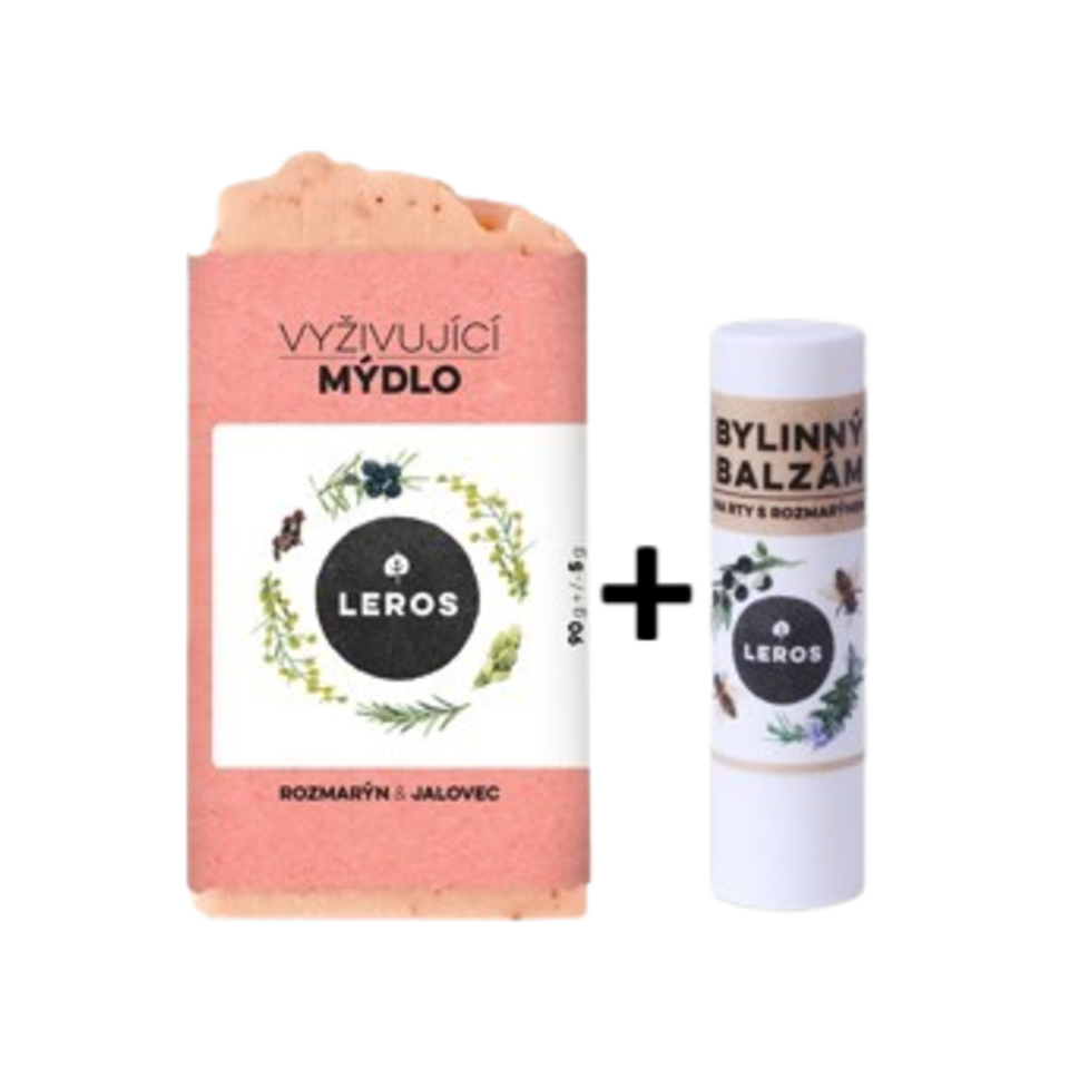 LEROS Výhodná sada Vyživující mýdlo rozmarýn & jalovec a Bylinný balzám na rty s rozmarýnem