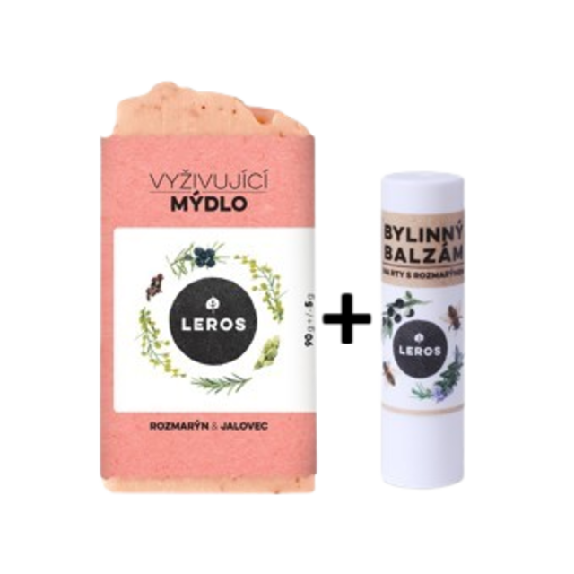 LEROS Výhodná sada Vyživující mýdlo rozmarýn & jalovec a Bylinný balzám na rty s rozmarýnem
