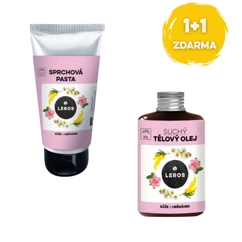 LEROS Výhodná sada suchý tělový olej a sprchová pasta Růže a Heřmánek